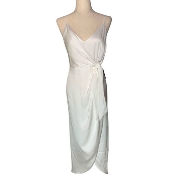 Shona Joy White Satin Lux Tie Front Cocktail Midi Dress - Picture 6 of 12